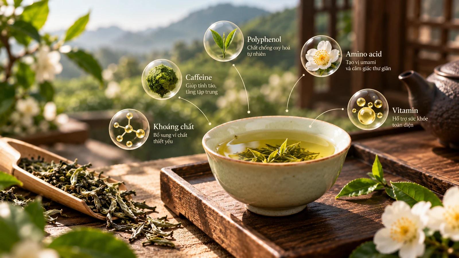 Trong chén trà có gì: catechin, caffeine, L-theanine và hương thơm