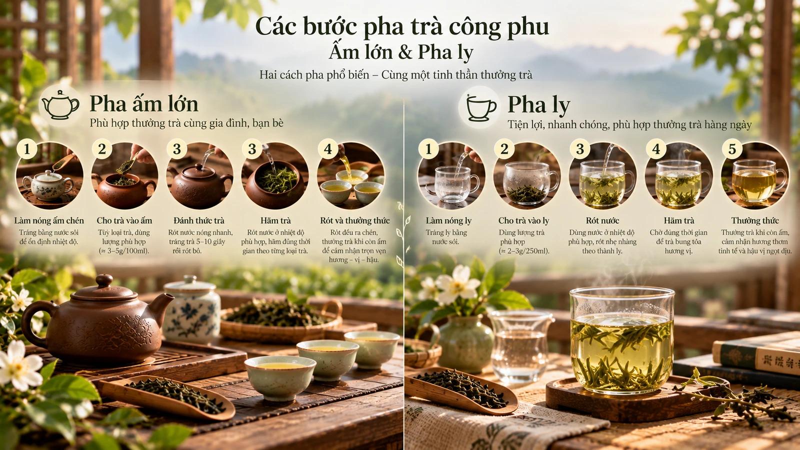 Pha trà từng bước: kiểu công phu, ấm lớn và pha ly
